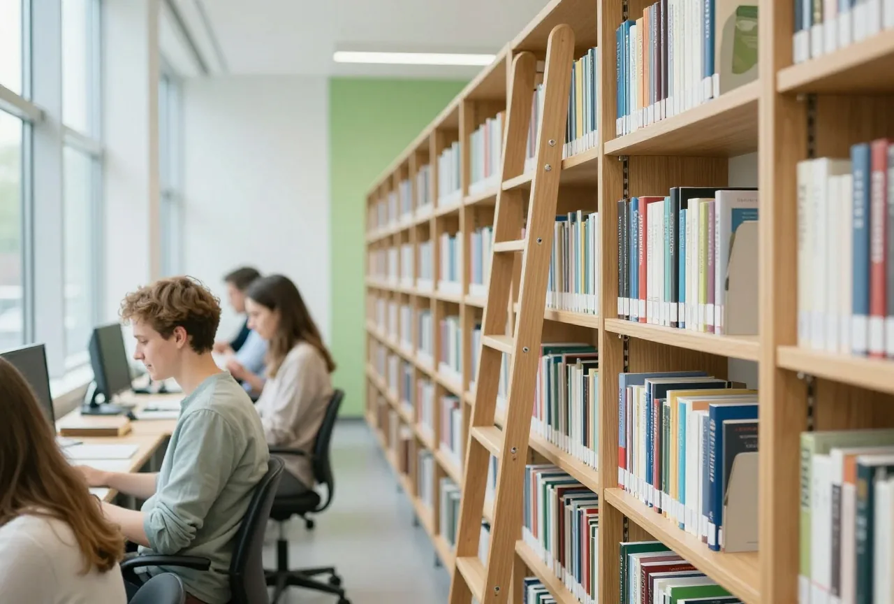 Ein langer Gang zwischen hohen Holzregalen einer Bibliothek mit Rollleiter, weiches Licht aus hohen Fenstern