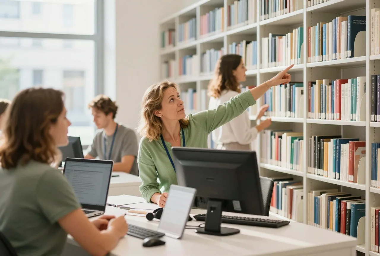 Eine Frau in den Fünfzigern fragt an einer Bibliotheksauskunft, die Bibliothekarin zeigt zu hohen Regalen