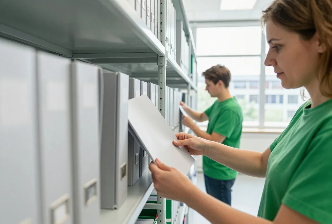 Eine Frau in den Vierzigern sortiert graue Mappen in lange Metallregale eines hellen Archivraums
