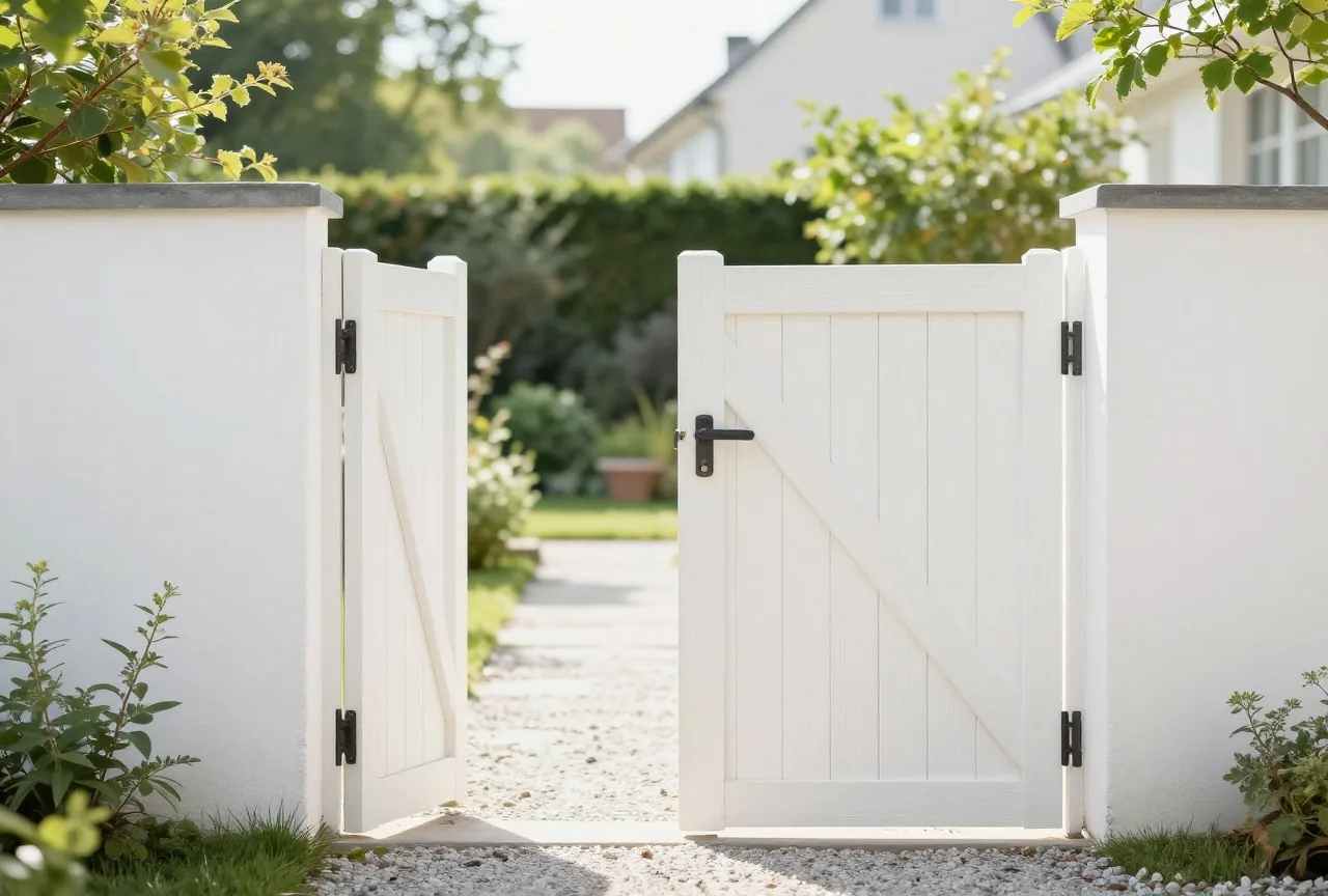 Ein offenes Gartentor aus Holz, dahinter führt ein Kiesweg in einen sonnigen Garten