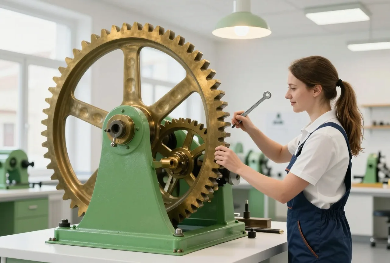 Große Messingzahnräder einer alten Maschine, eine Mechanikerin in den Dreißigern stellt ein Zahnrad nach