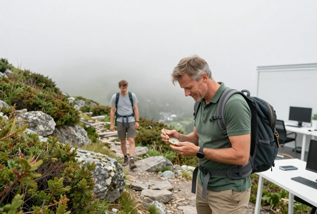 Ein Wanderer in den Vierzigern blickt auf einem nebligen Bergpfad auf einen Kompass