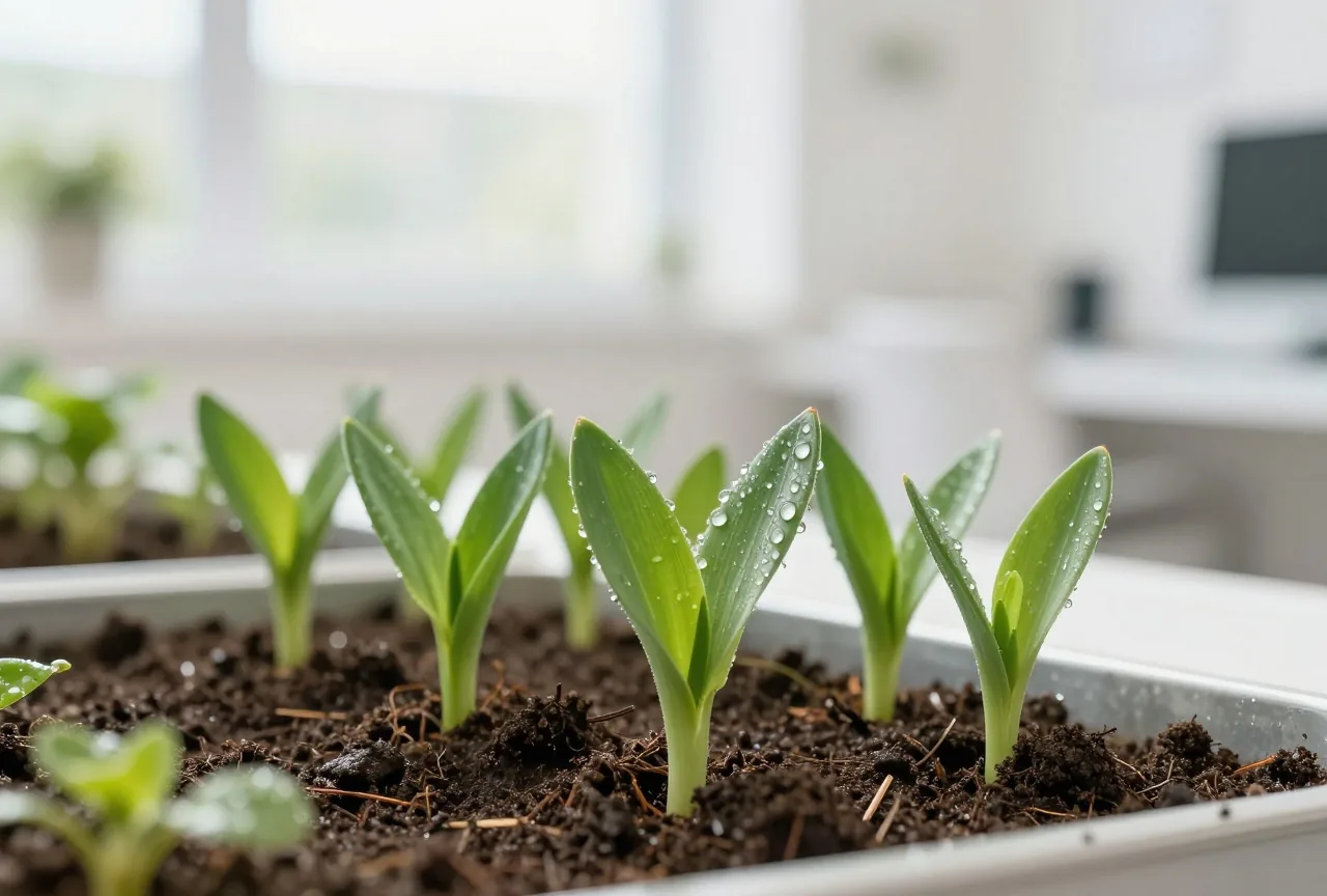 Junge grüne Pflanzentriebe wachsen nach dem Regen aus dunkler Gartenerde, Tropfen auf den Blättern