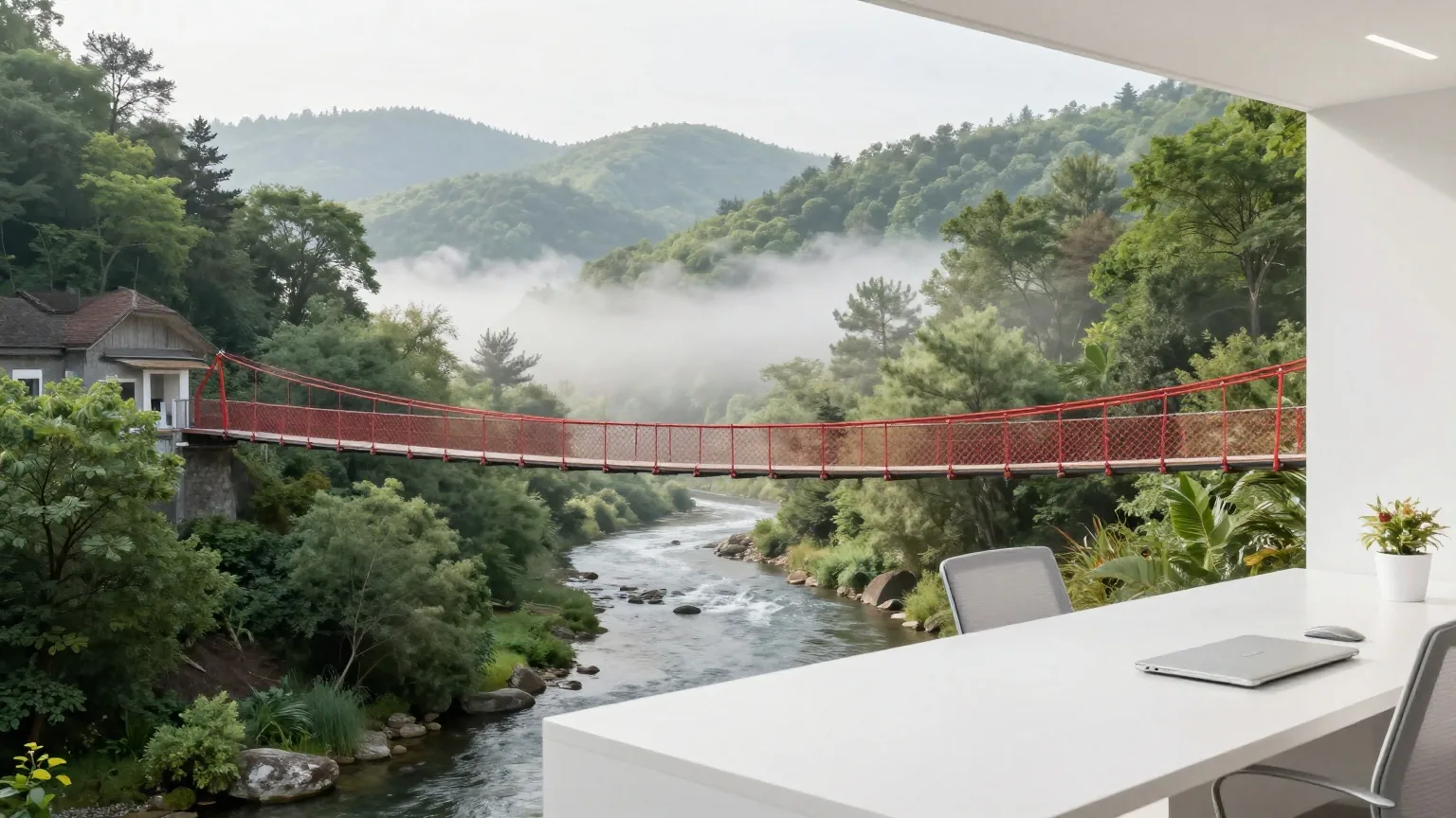 Rote Hängebrücke verbindet zwei bewaldete Hänge über einem stillen Tal, aus dem Fluss steigt Morgennebel auf