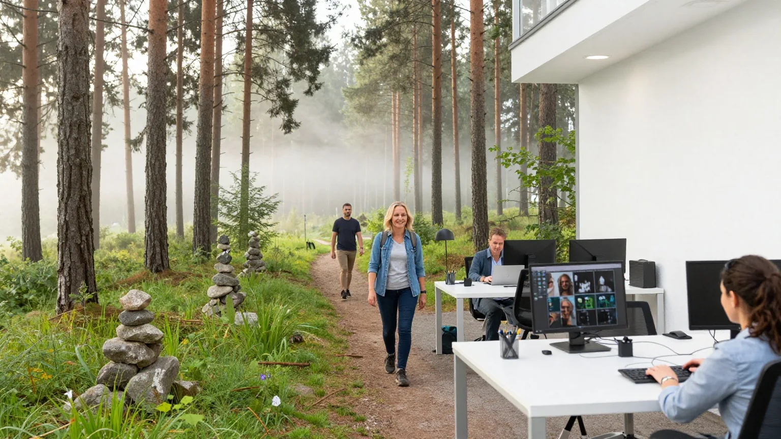 Wanderin in den Vierzigern folgt einem Waldweg, der mit kleinen Steinmännchen markiert ist, im Morgennebel zwischen Kiefern