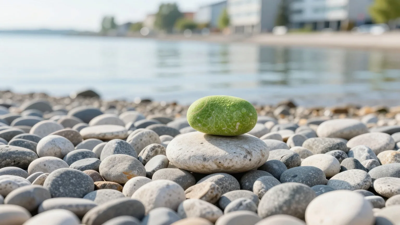 Ein einzelner Sonnenstrahl fällt auf einen glatten hellen Flussstein zwischen vielen grauen Kieseln an einem ruhigen Strand