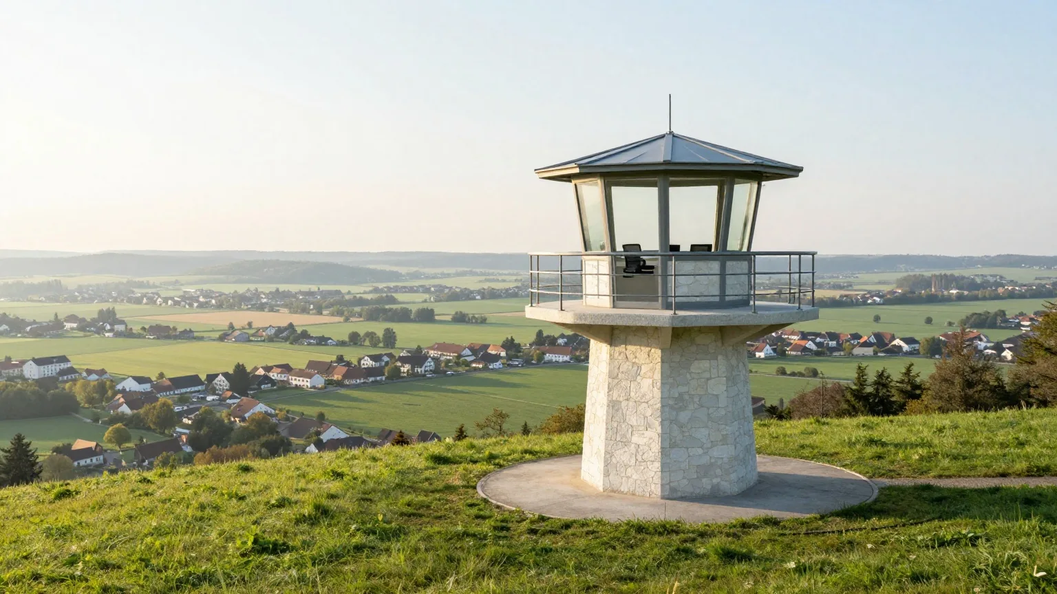 Steinerner Aussichtsturm auf einem Hügel über einem weiten Tal bei Sonnenaufgang, in der Ferne Felder und kleine Dörfer