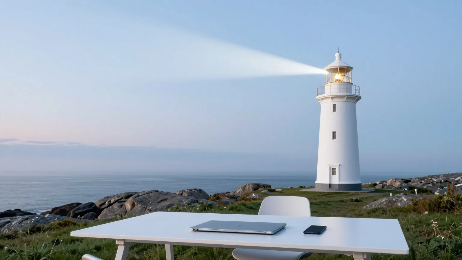 Ein weißer Leuchtturm an einer felsigen Küste zur blauen Stunde, sein Lichtstrahl streicht über ruhiges Meer