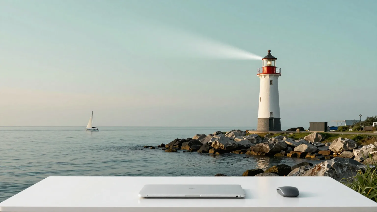 Ein Leuchtturm an einer felsigen Küste in der Abenddämmerung, sein Lichtstrahl fällt auf ruhiges Wasser und ein Segelboot