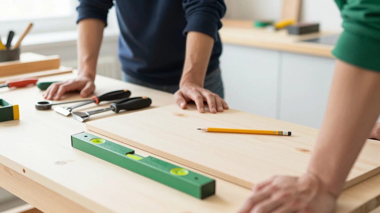 Eine Werkbank mit ordentlich aufgereihten Handwerkzeugen, Bleistift und Wasserwaage auf einem Holzbrett im warmen Licht