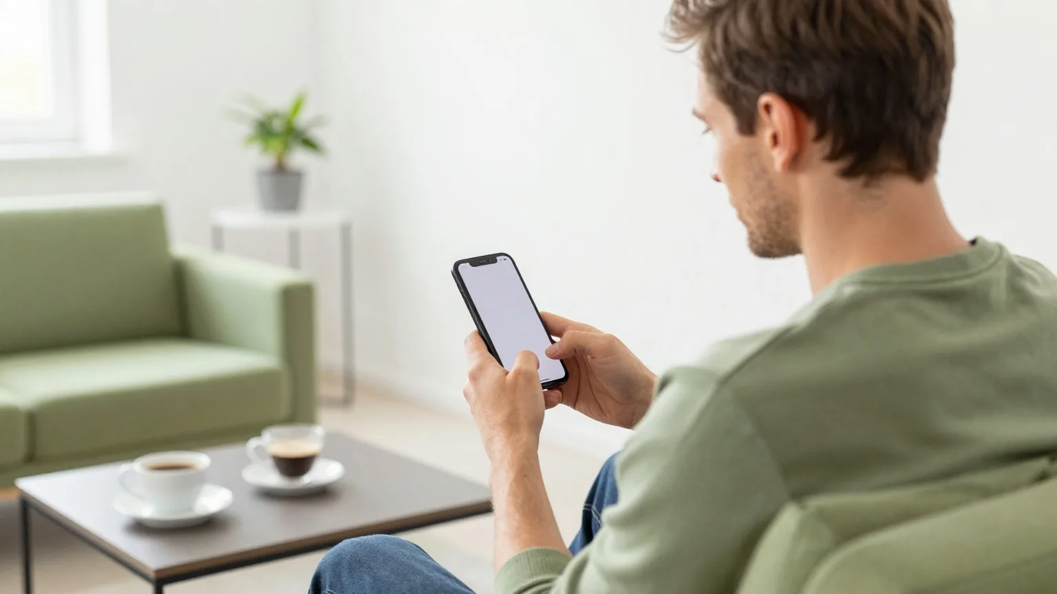 Ein Mann in den Vierzigern sitzt mit einem Smartphone auf dem Sofa in einem hellen Wohnzimmer, daneben eine Tasse Kaffee