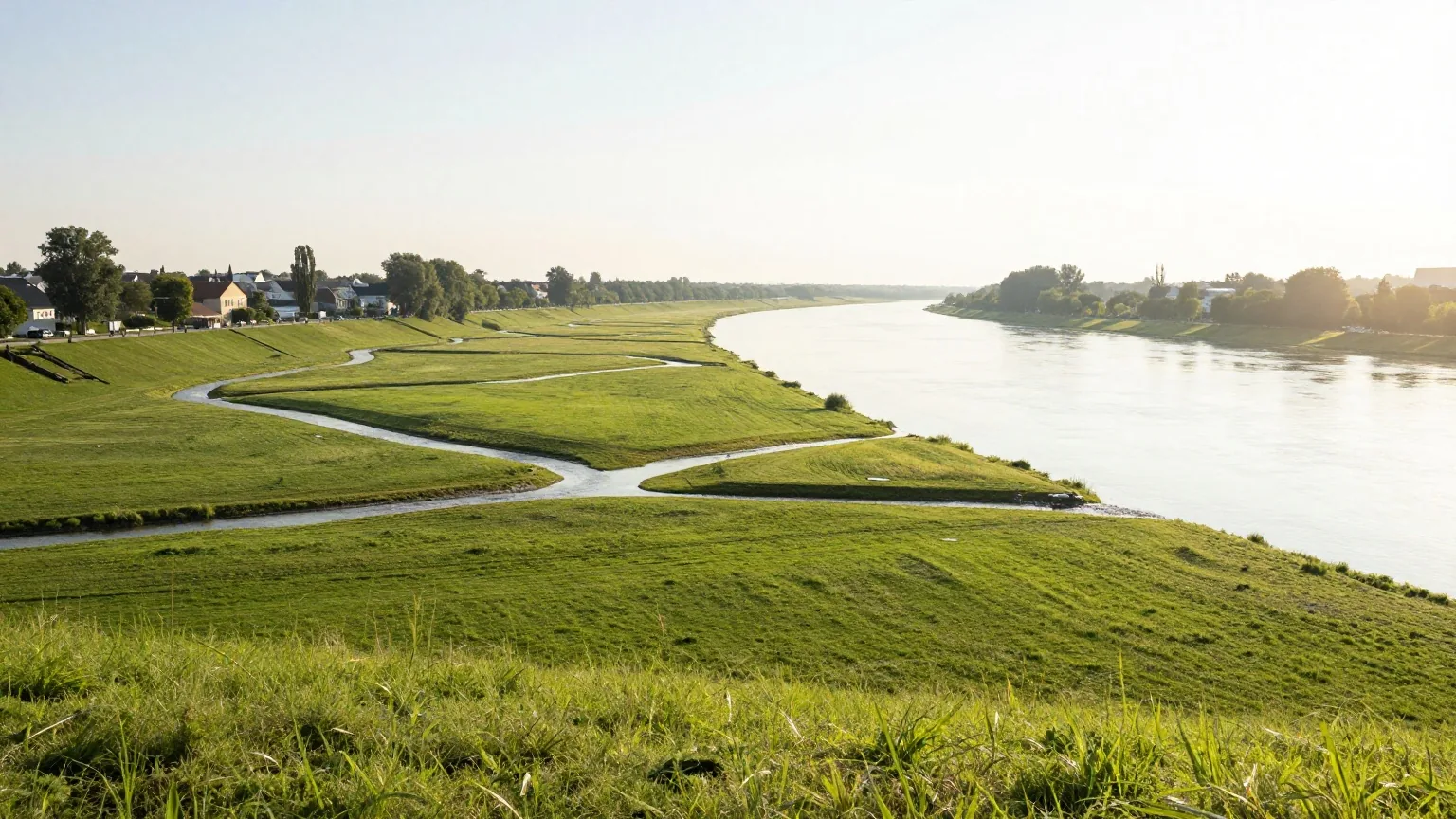 Ein breites Flussdelta von einem Hügel aus im Abendlicht, viele kleine Bäche vereinen sich zu einem Fluss