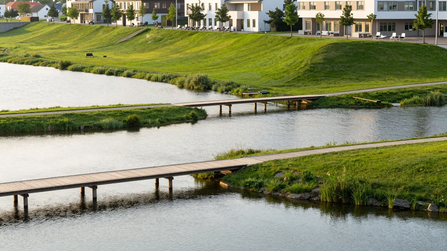 Mehrere Holzstege verbinden kleine grüne Flussinseln, aufgenommen von einem Hügel im Abendlicht