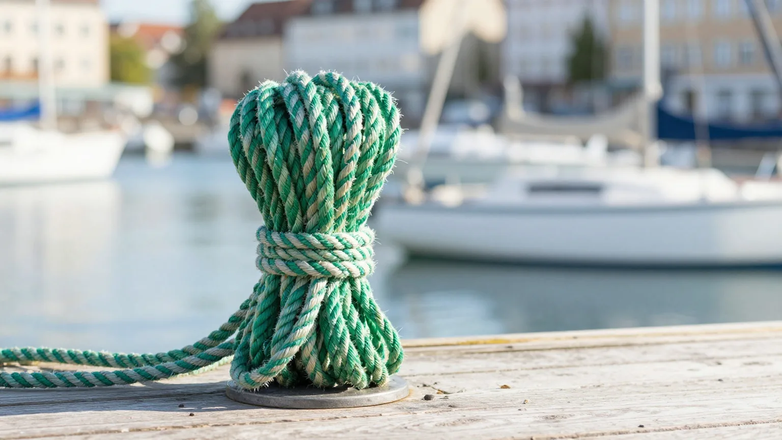 Ein Bündel bunter Seile ist an einem hölzernen Hafenpfosten festgeknotet, im Hintergrund unscharfe Boote