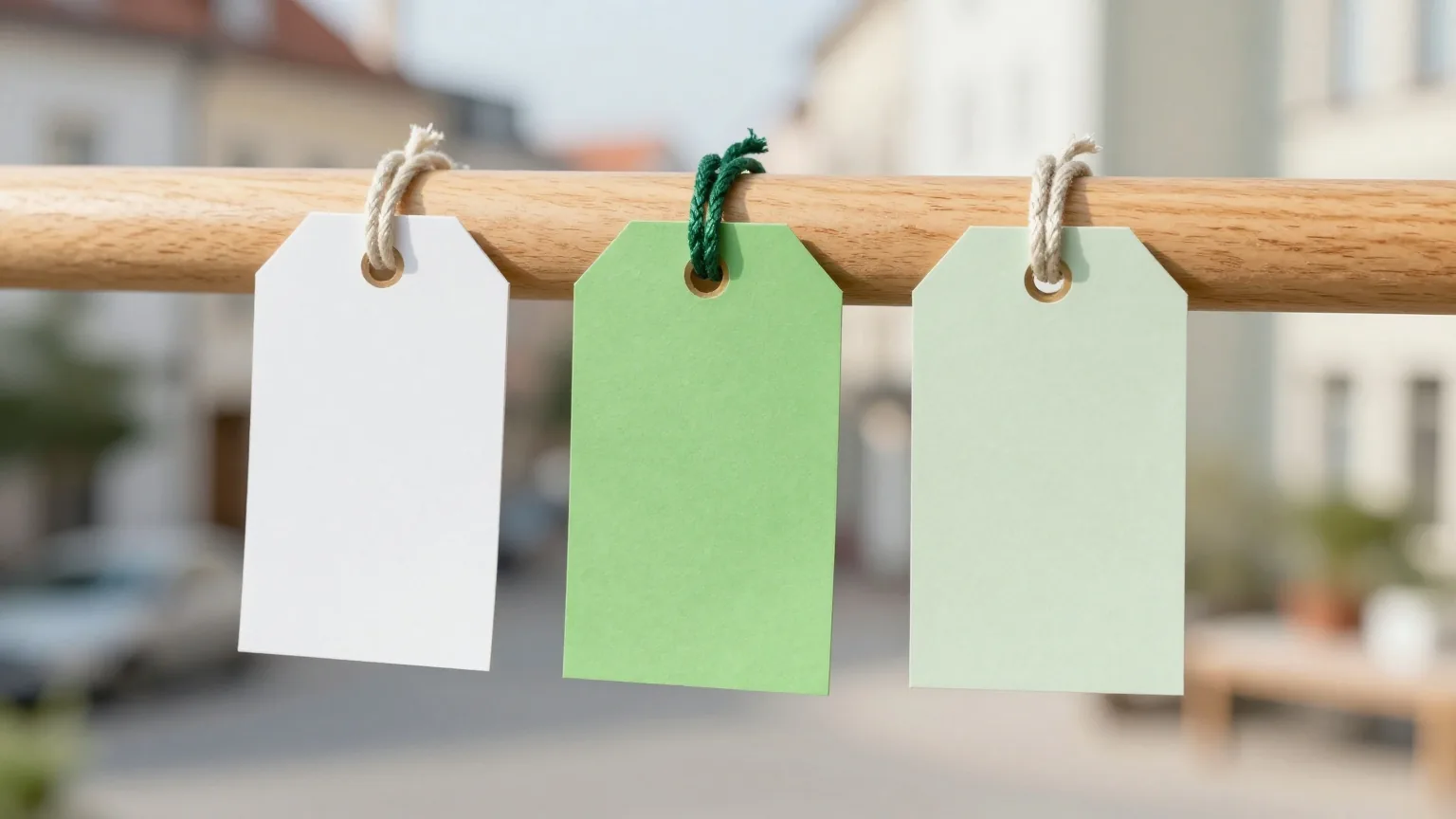 Drei schlichte Papieranhänger an Schnüren in unterschiedlichen Farben hängen an einer Holzleiste, weiches Tageslicht