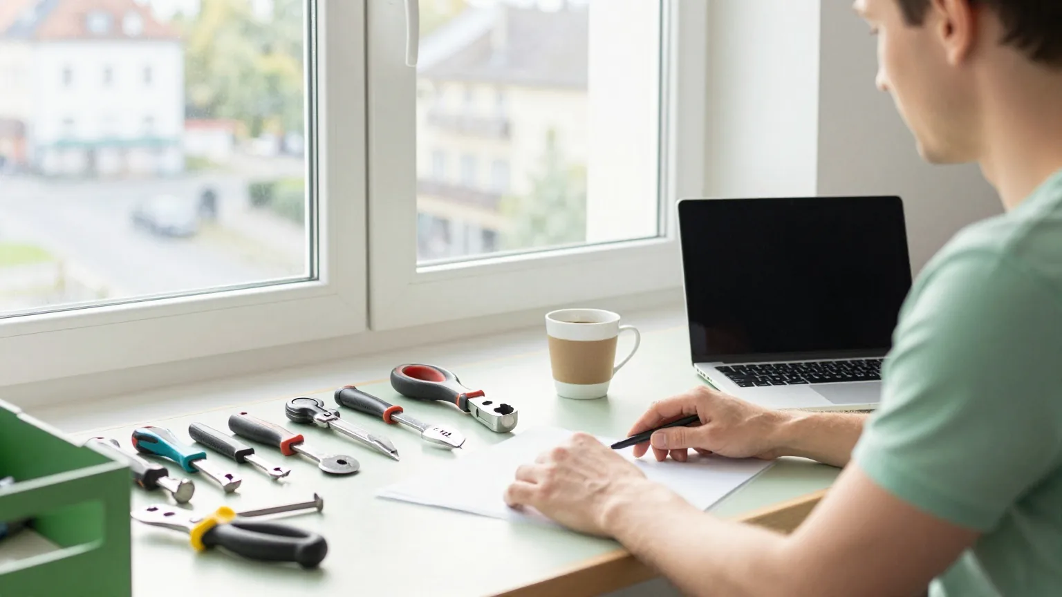 Eine kleine Werkbank mit ordentlich aufgereihtem Handwerkzeug, einer Kaffeetasse und einem zugeklappten Laptop im Morgenlicht