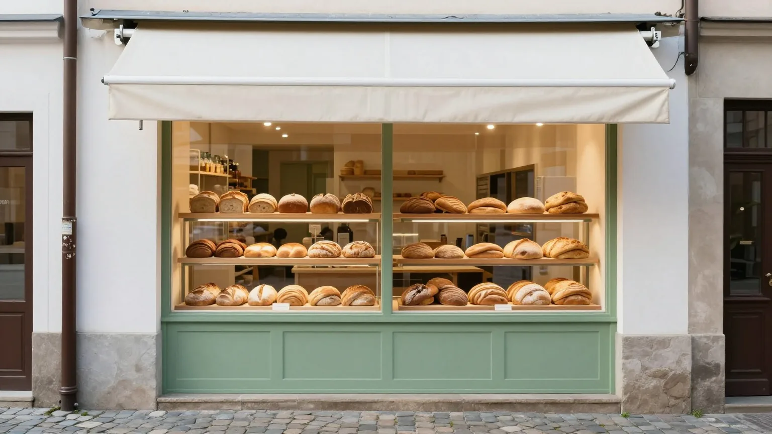 Eine kleine Bäckerei an einer Pflasterstraße am frühen Morgen, warmes Licht, Brot in Holzregalen hinter dem Fenster