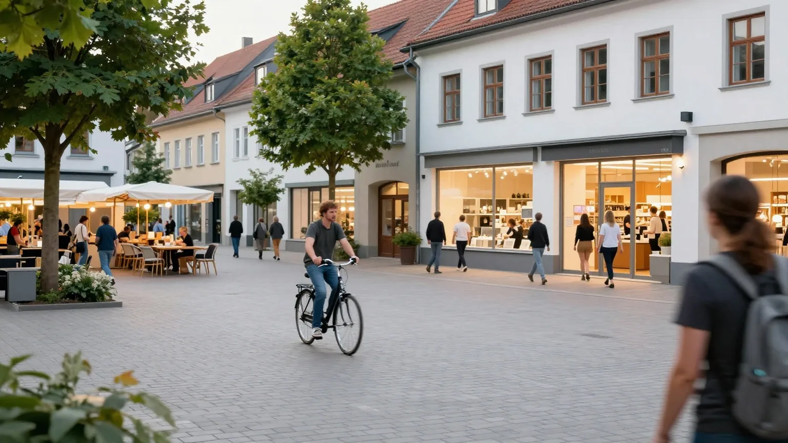 Ein ruhiger Marktplatz einer Kleinstadt am frühen Abend, beleuchtete Läden, eine Person schiebt ein Fahrrad
