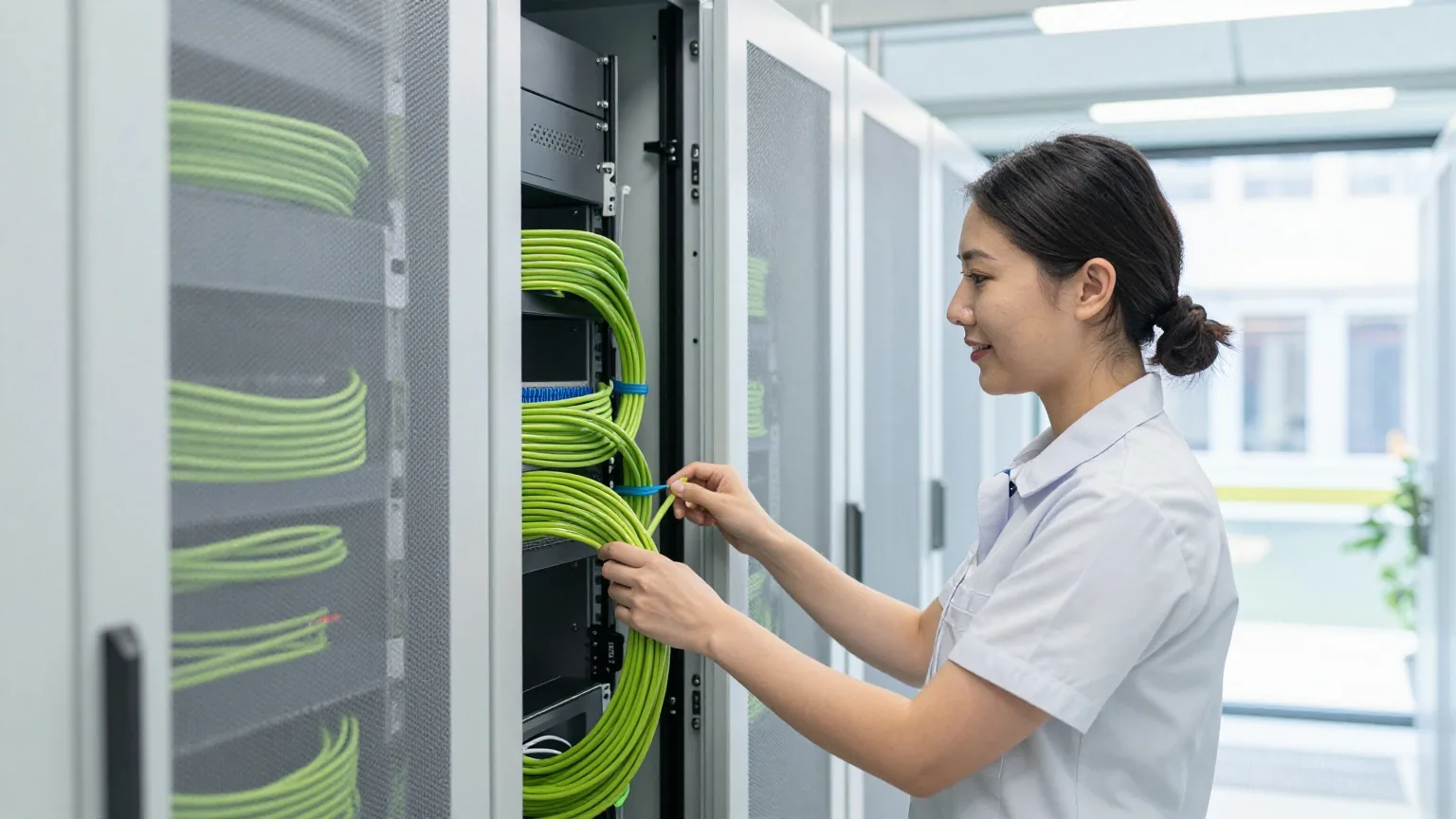 Eine Technikerin in den Dreißigern prüft ordentlich gebündelte Kabel in einem hellen Gang eines Serverraums