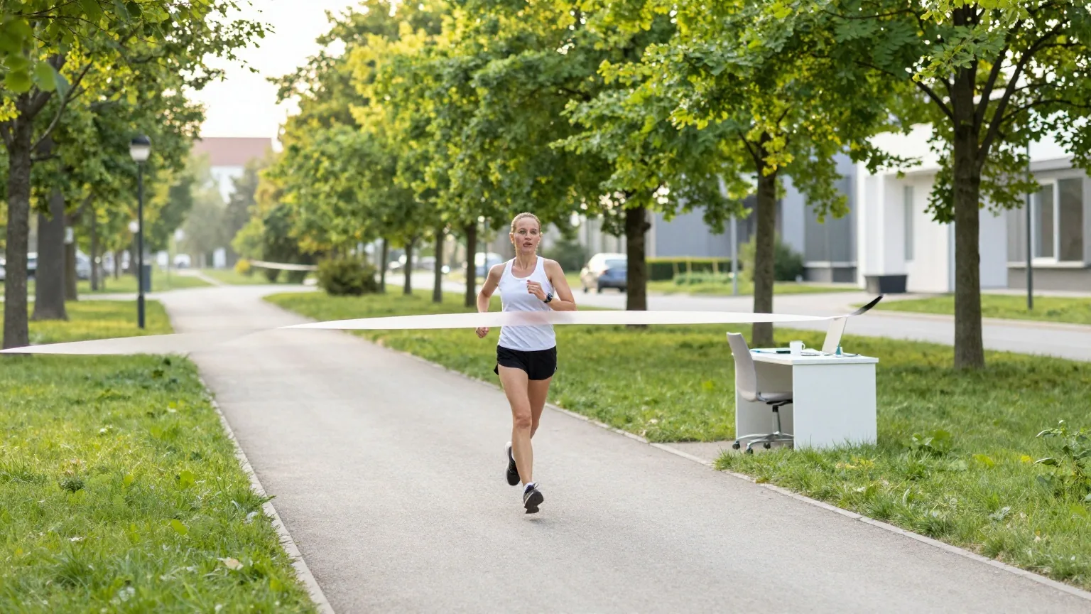 Eine Läuferin in den Dreißigern überquert am frühen Morgen auf einem ruhigen Parkweg eine Ziellinie