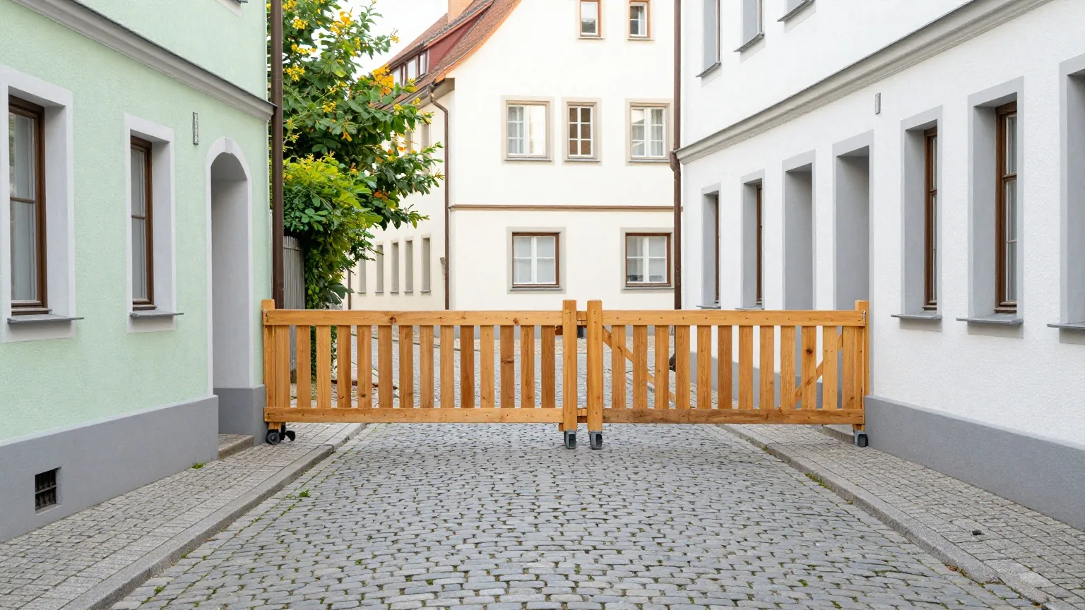 Eine schmale Kopfsteinpflastergasse in einer Kleinstadt, eine Holzabsperrung lenkt Fußgänger in eine Seitengasse