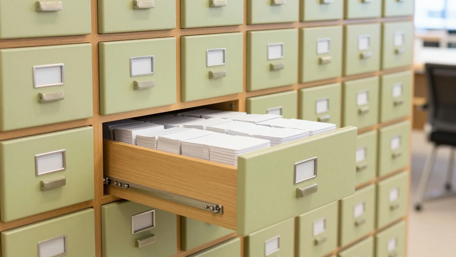 Ein hoher Archivschrank aus Holz mit vielen kleinen Schubladen, eine ist geöffnet und zeigt gestapelte leere Karteikarten